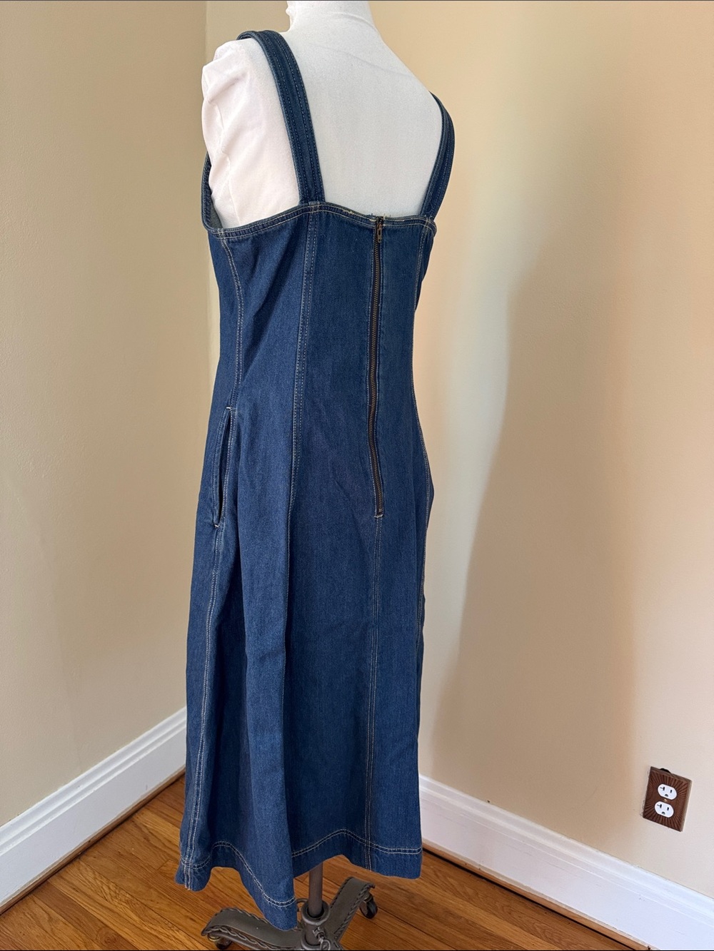 Dark Blue Denim A-Line Sundress - Women's Sleeveless Dress 8 - Picture 5 of 7